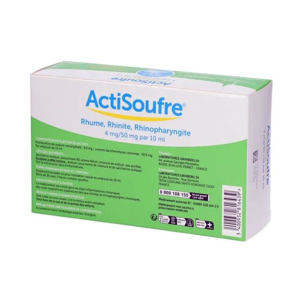 Actisoufre Ampoule buvables ou pour instillation nasale rhume, rhinite, rhinopharyngite (30 ampoules)