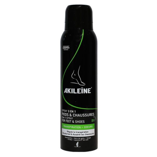 Akileïne Spray Noir 3 en 1 pour pieds anti-transpirant, désodorisant & assainissant (150 ml)