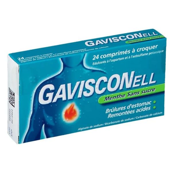 Gavisconell Menthe sans sucre soulage brûlures d’estomac & remontées acides (24 comprimés)