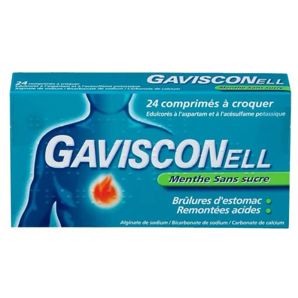 Gavisconell Menthe sans sucre soulage brûlures d’estomac & remontées acides (24 comprimés)