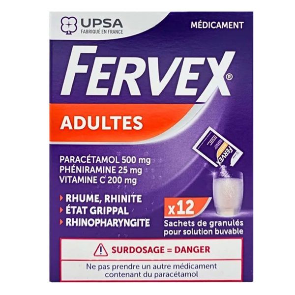 Fervex Adultes rhume, rhinite, état grippal, rhinopharyngite saveur orange (12 sachets)