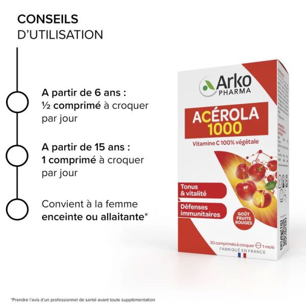 Azinc Végétal Acérola 1000 vitamine C 100% végétale (30 comprimés)
