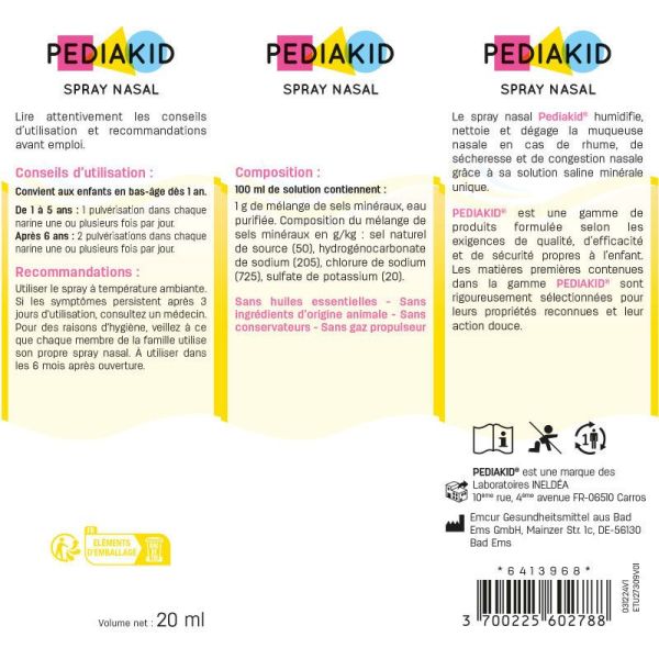 Pediakid Spray Nasal soulage les symptômes du rhume, avec sel d'origine naturelle (20 ml)