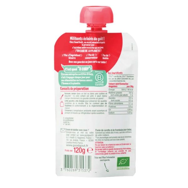 Good Goût Purée de fruits et légumes bio bébé dès 4 mois Carotte/Framboise (120 g)