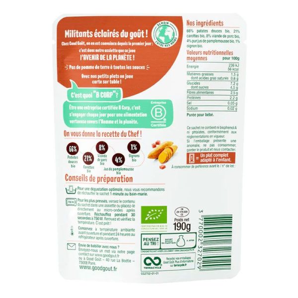 Good Goût Baby Plat bio Patates douces & sauté de porc bébé dès 6 mois (190 g)