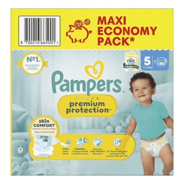 Pampers Premium Protection couches bébé T.5 (11-16 kg) Maxi Eco-Pack (x80)