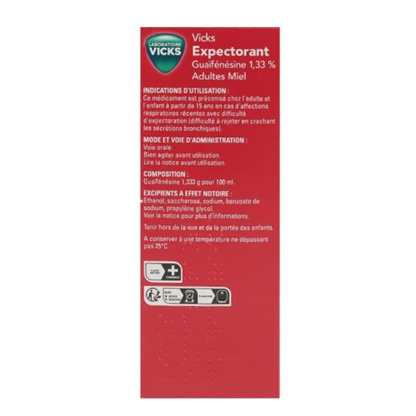 Vicks Sirop Expectorant Guaïfénésine Miel Adulte (180 ml)